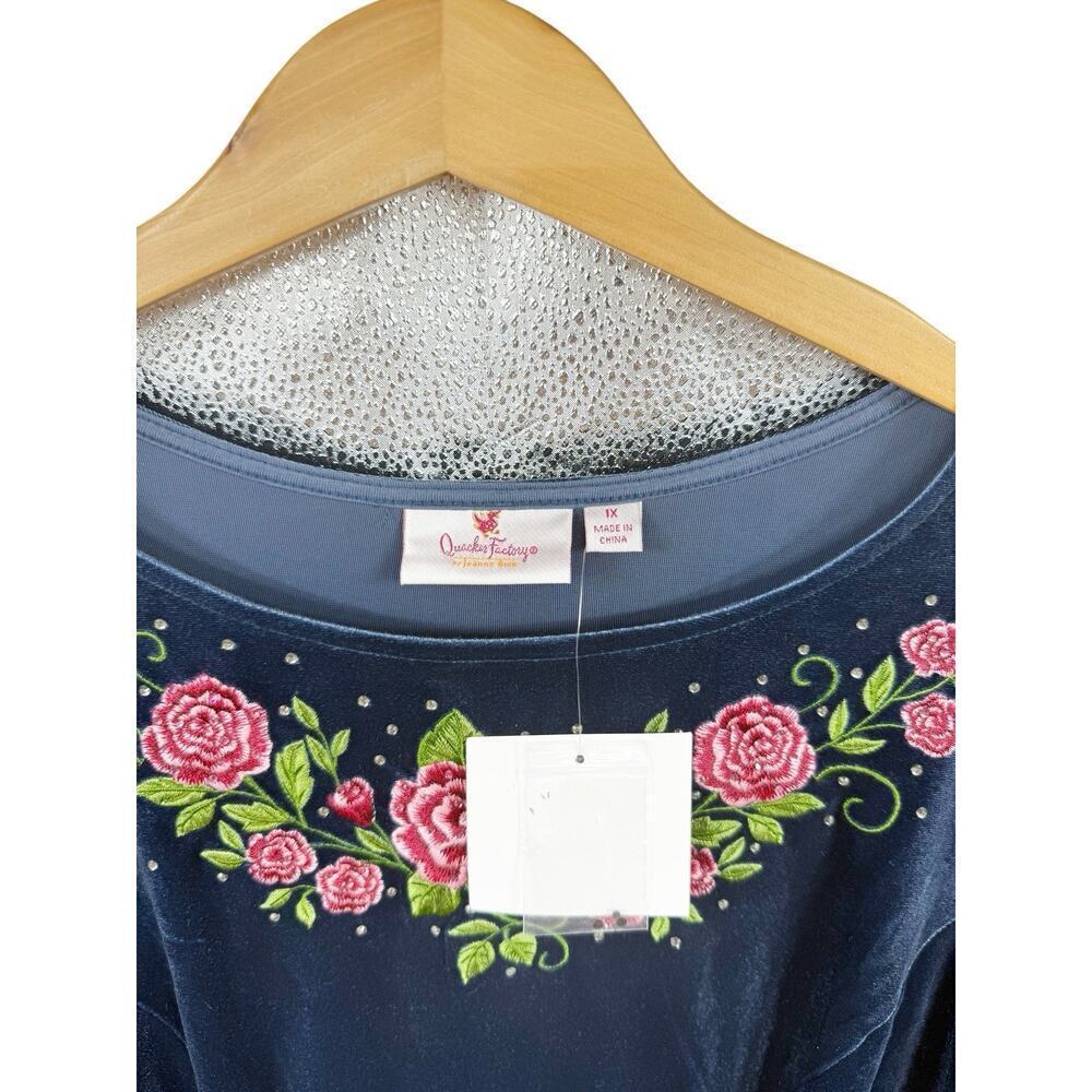 Quaker Factory Teal Blue Green Long Sleeve Velvet Embroidered Bling Dress 1XL - Picture 2 of 8